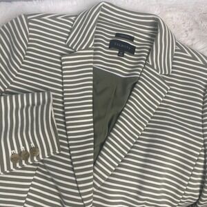 Talbots Aberdeen Knit Blazer 14 Olive Green White Striped Two Button Jacket